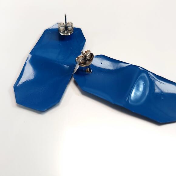 Vintage Blue Metal Octagonal Shaped Earrings, Glossy Finish, Bold Statement - Picture 5 of 10